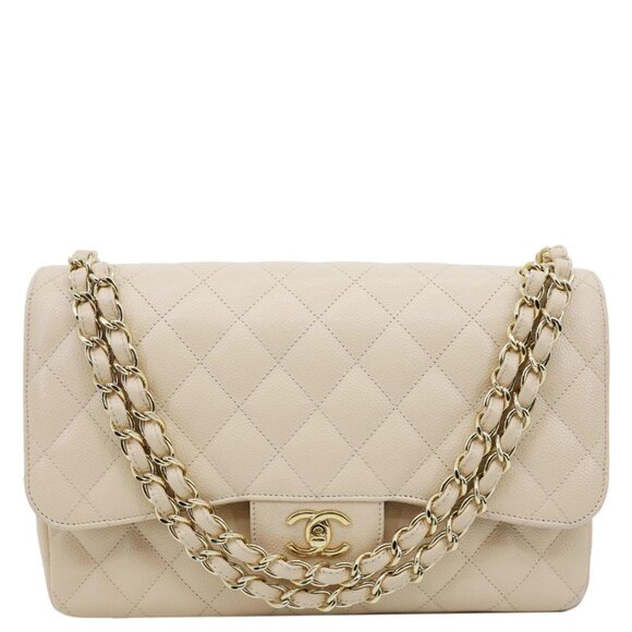 Chanel  Jumbo Classic Double Flap Caviar Leather Shoulder Bag Beige - Picture 1 of 16
